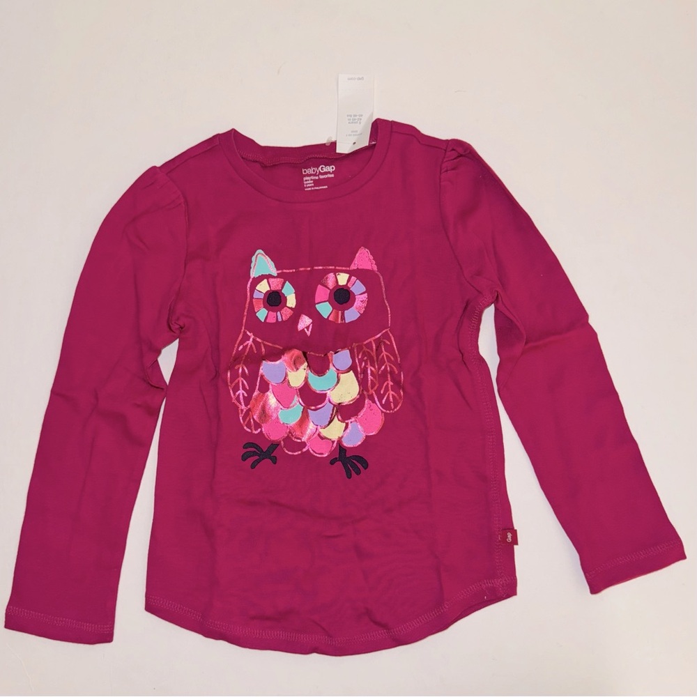 NEW Baby Gap kids girls Shirt 5 XS magenta pink purple owl bird long slv top tee